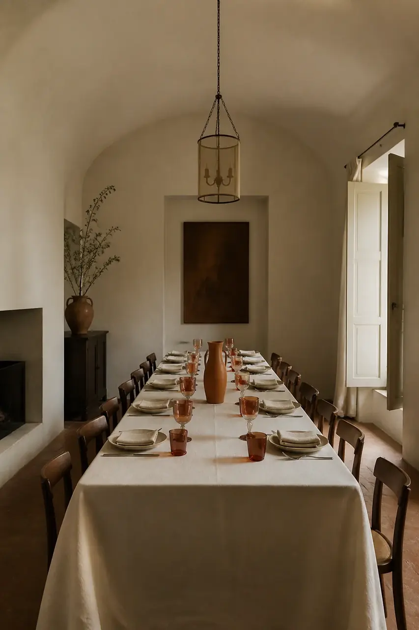 Sala Âmbar com mesa longa e luz baixa